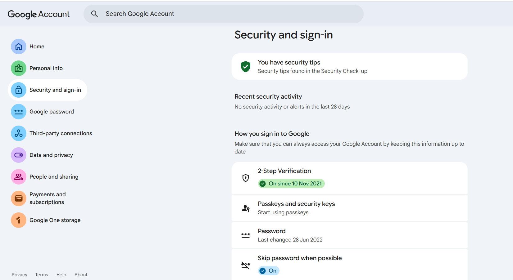 Google Security Page
