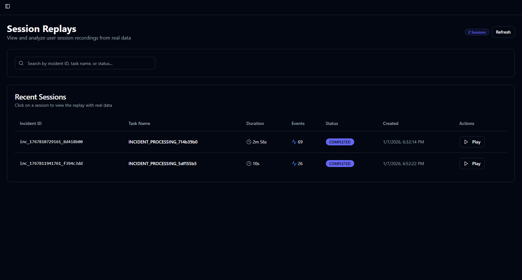 Session Replay List